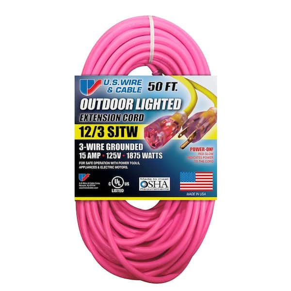 U.S. Wire and Cable 50 ft. 12/3 Fluorescent Lighted Extension Cord, Pink