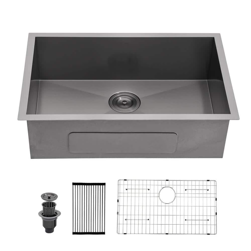 Gunmetal Black 18-Gauge Stainless Steel 33 in. Undermount Single Bowl Kitchen Sink with Bottom Grids -  LORDEAR, SC3319-1BTX