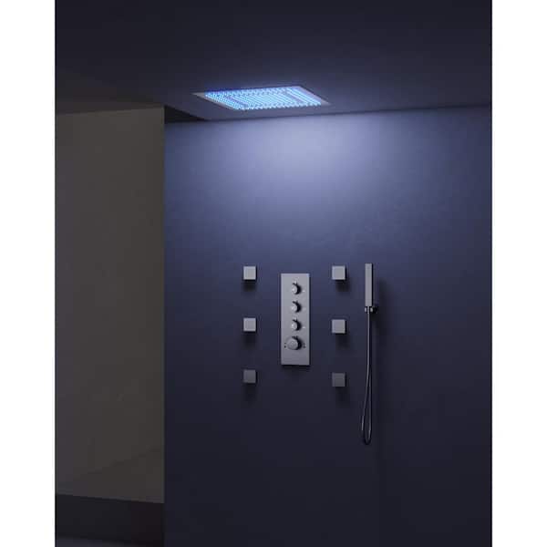EVERSTEIN Luxury 7-Spray 20 in. Flush Ceiling Mount Fixed and Handheld Shower Head LED in Brushed Nickel (Valve Included)