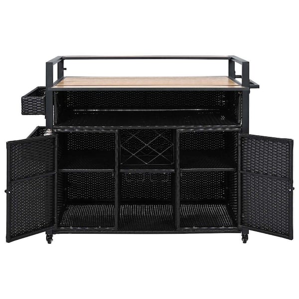 52.8 in. Black Wicker Outdoor Grill Cart with Extended Plastic Wood Table Top and Wheels