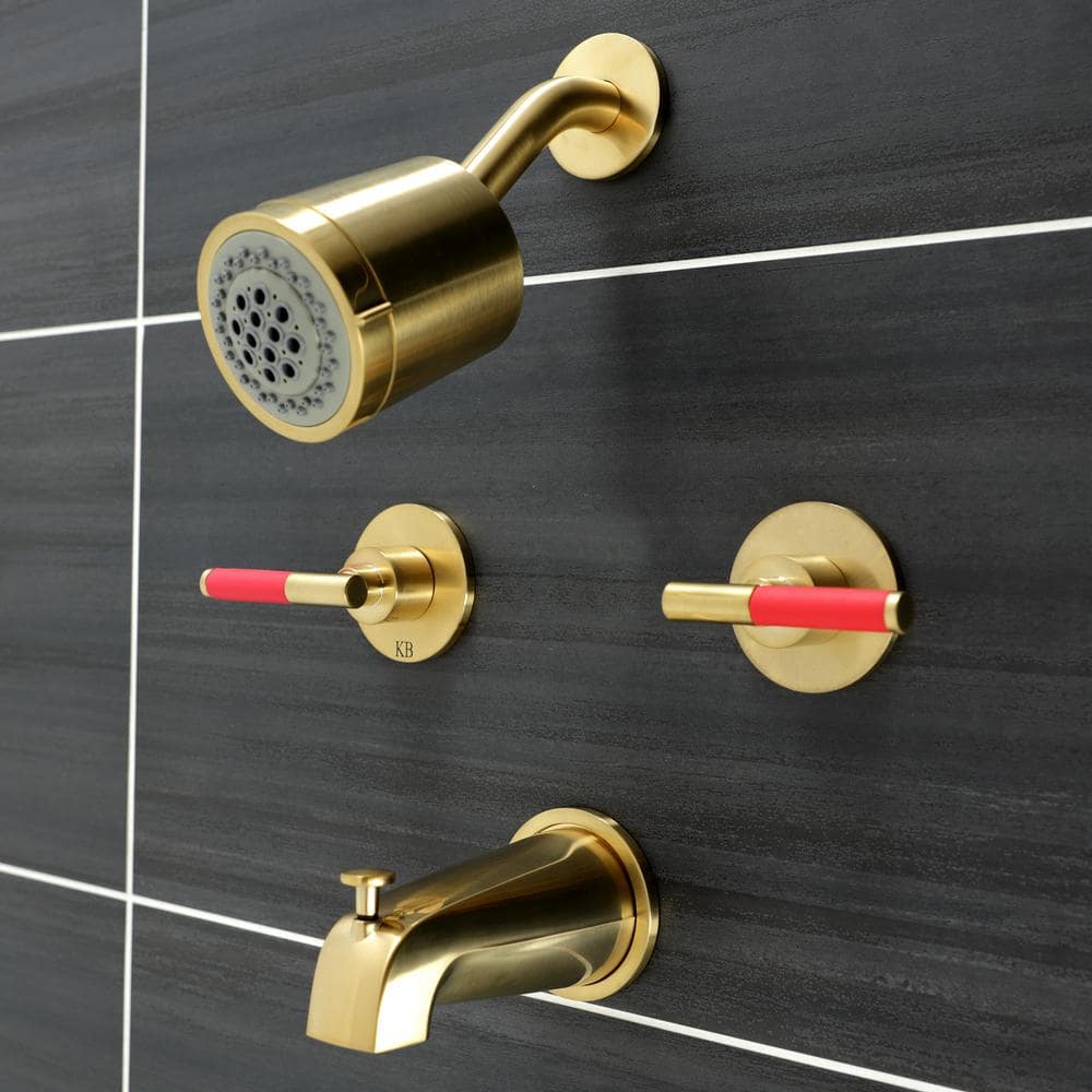 Brushed Brass Multi-Head Wall Mounted Tub and Shower Faucet