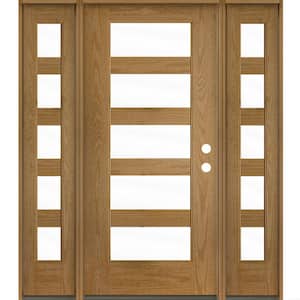 ASCEND Modern 64 in. x 80 in. Left-Hand/Inswing 5-Lite Clear Glass Bourbon Stain Fiberglass Prehung Front Door with DSL