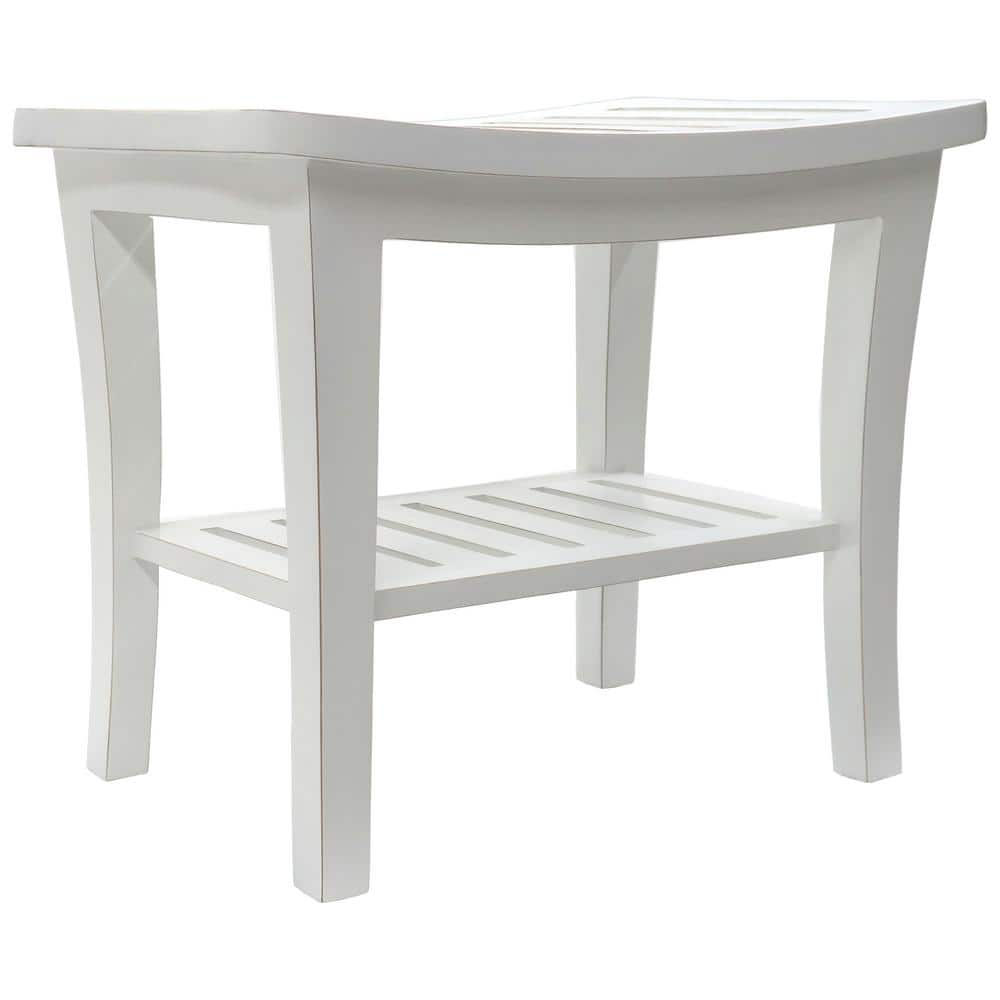 White Distressed Teak Spa Bench with Shelf