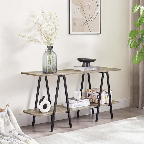 Celine 47.24 in. Modern Rustic Grey Rectangle MDF Wood Console Table with 2-Shelves