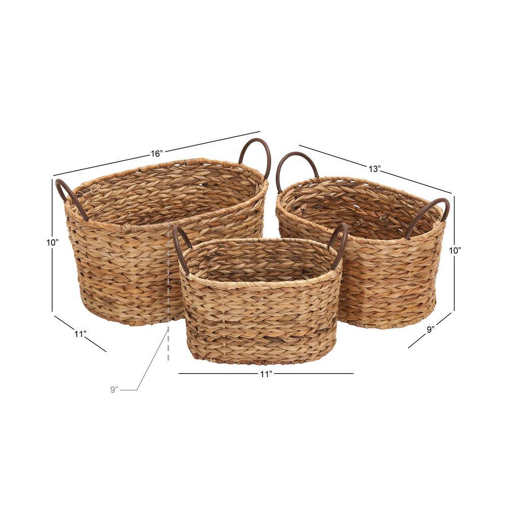Brown Seagrass Oval Storage Baskets with Metal Handles, Set of 3