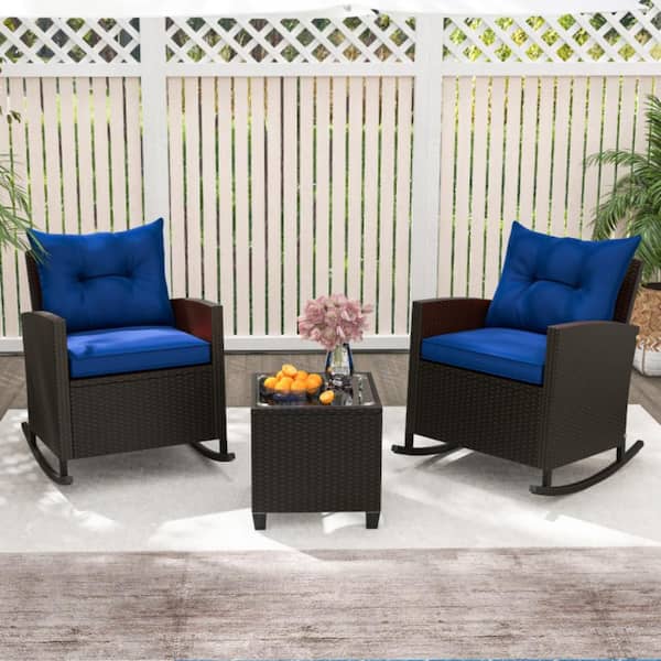 Kadehome 3-Piece Patio Rattan Wicker Outdoor Rocking Chair with Navy Cushions and Tempered Glass Table Wicker Rocker Set