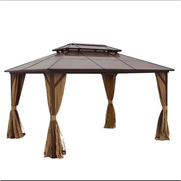 Unbranded 10 ft. x 13 ft. All Weather Patio Gazebo with Netting and Curtains, Brown