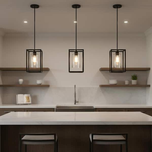 7 in. 1-Light Rectangle Black Pendant Light with Clear Glass Shade for Kitchen Island, E26 Bulbs Included (3-pack)