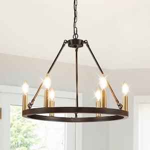 20 in. 6-Light Gold Elegant Mid-Century Metal Ceiling Light Farmhouse Wagon Wheel Chandelier for Living Dining Room