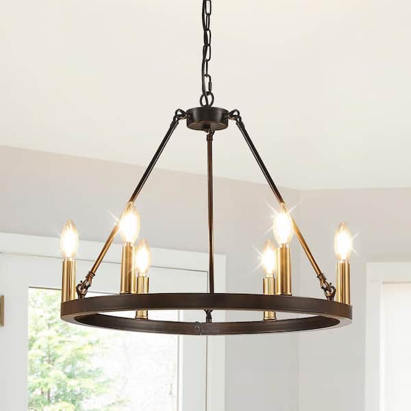 Magic Home 20 in. 6-Light Gold Elegant Mid-Century Metal Ceiling Light Farmhouse Wagon Wheel Chandelier for Living Dining Room