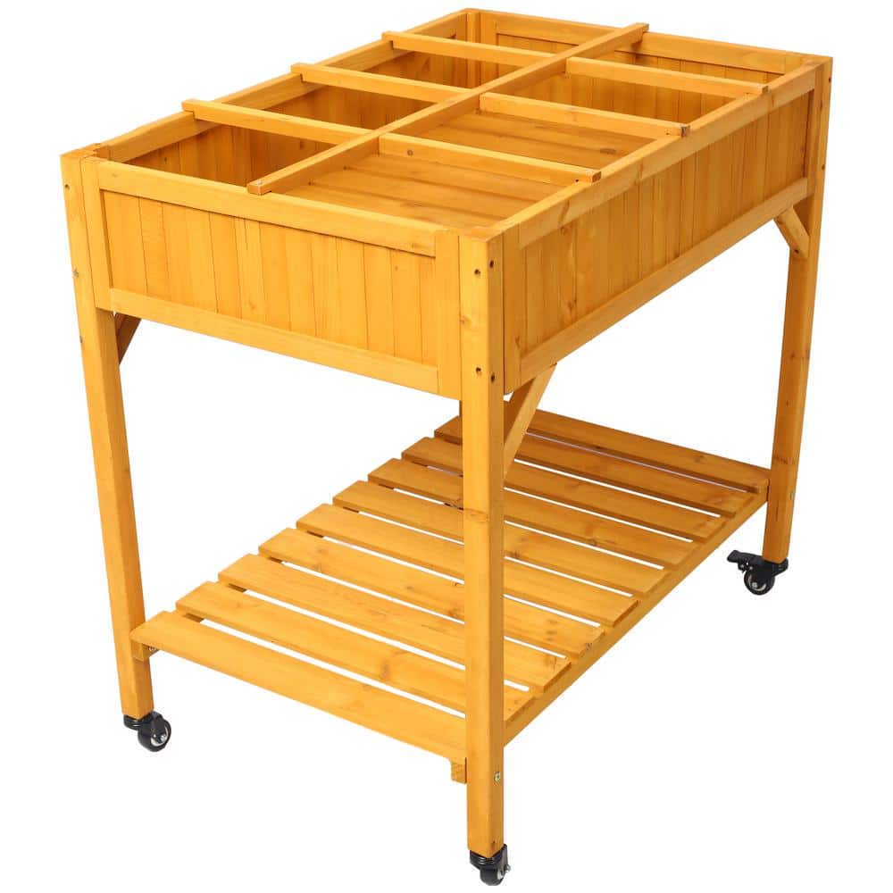 Elevated Mobile Brown Wood Herb Garden Bed with Lockable Wheels