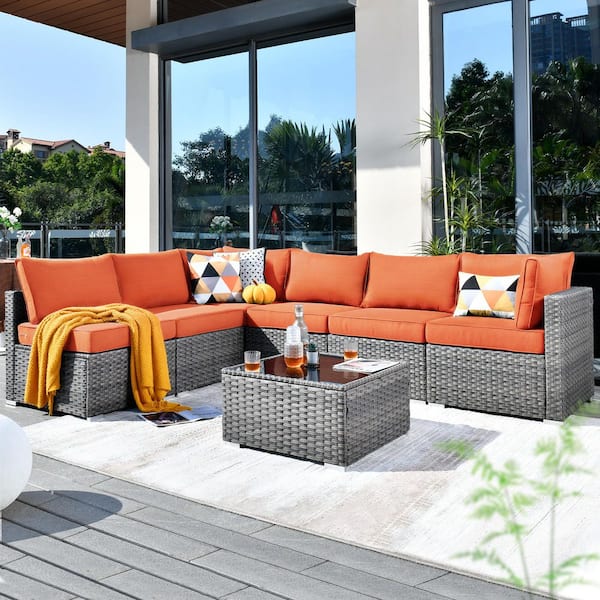 Elora Gray 7‑Piece Wicker Outdoor Patio Conversation Set with Orange Red Cushions Ideal for Backyard, Deck, or Garden
