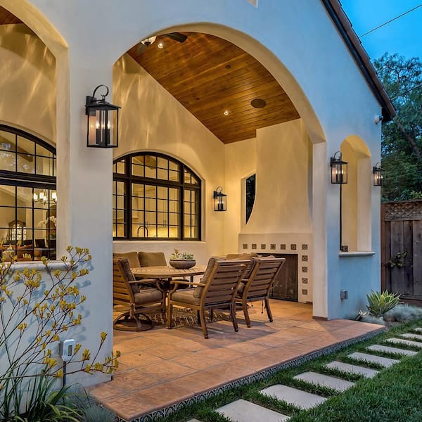 Harbor View 19.7 in. H 3-Light Black Dusk to Dawn Outdoor Hardwired Wall Lantern Scone