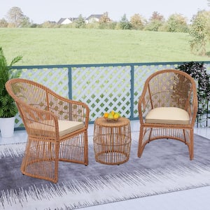Natural Brown 3-Piece Wicker Outdoor Patio Conversation Set with Beige Cushions