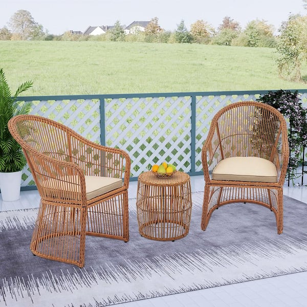 Maypex Natural Brown 3-Piece Wicker Outdoor Patio Conversation Set with Beige Cushions