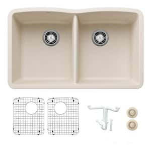 Diamond 32 in. Undermount Double Bowl Soft White Granite Composite Kitchen Sink Kit with Accessories