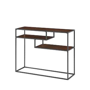 42 in. Dark Walnut/Black Metal Modern Rectangle Console Table with 2-Shelves
