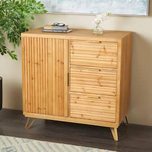 Brown 36 in. Wooden Ribbed 1 Door and 3 Drawers Cabinet with Gold Metal Handles