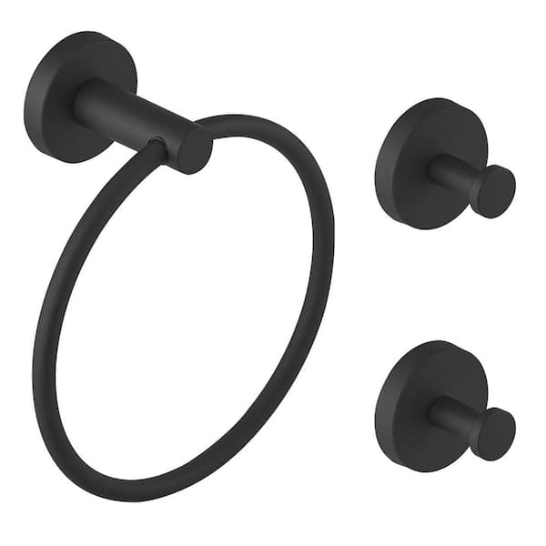 HOMEMYSTIQUE 3-Piece Bath Hardware Set with Towel Ring and 2-Piece Towel Hooks and Mounting Hardware Wall Mount Modern in Matte Black