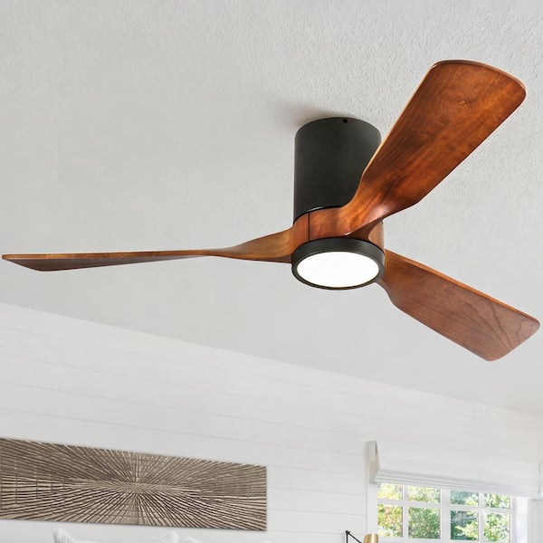 52 in. Indoor Black Hugger Flush mount Ceiling Fan with Solid Wood Blades and Full Spectrum Light and Remote Control