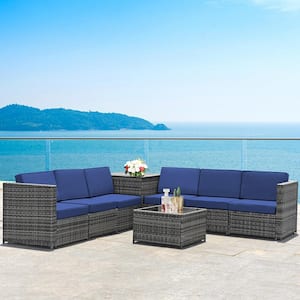 8-Piece Rattan Corner Outdoor Sectional Sofa Patio Conversation Furniture Set with Navy Cushion