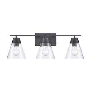 Vernon 24 in. W 3-Light Matte Black Vanity Light with Glass Shades