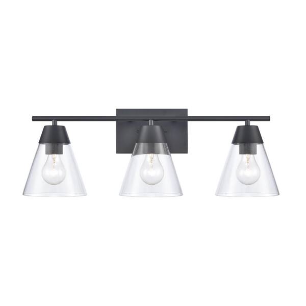 Titan Lighting Vernon 24 in. W 3-Light Matte Black Vanity Light with Glass Shades
