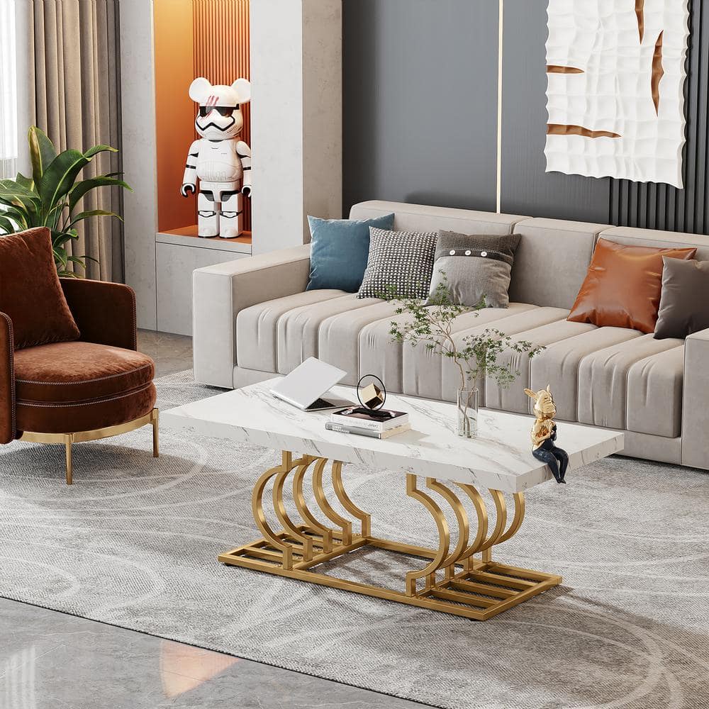 BYBLIGHT Kerlin 47 in. Gold Rectangle Faux Marble Coffee Table with ...