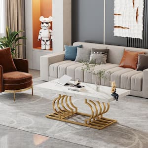 Kerlin 47 in. Gold Rectangle Faux Marble Coffee Table with Geometric Frame, Modern Cocktail Table Center Tea Table