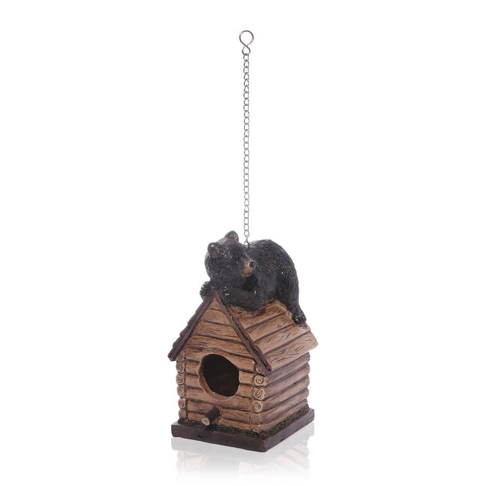 Log Cabin Hanging Birdhouse with Bear Figure