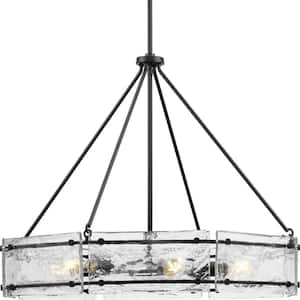 Rivera 30 in. 6-Light Matte Black Luxe Industrial Chandelier with Textured Glass