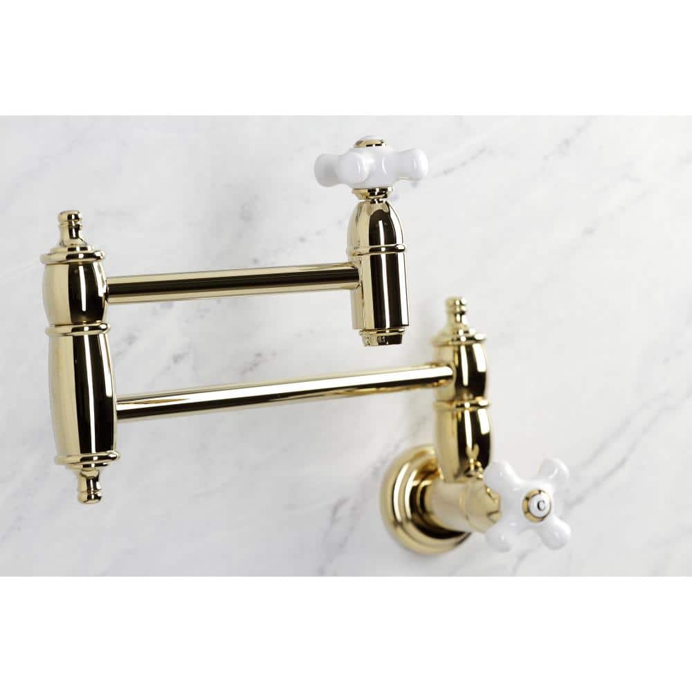 Polished Brass Dual Handle Wall Mount Pot Filler Faucet