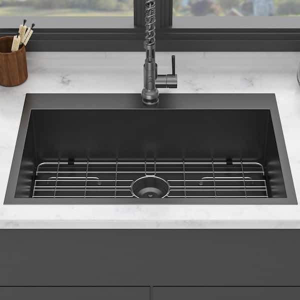 30 in. Drop-in Single Bowl 18-Gauge Gunmetal Black Stainless Steel Kitchen Sink with Bottom Grids