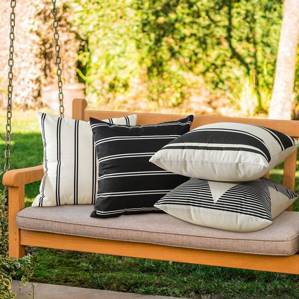 18" Black and White Geometric Polyester Outdoor Pillow Covers Set of 4
