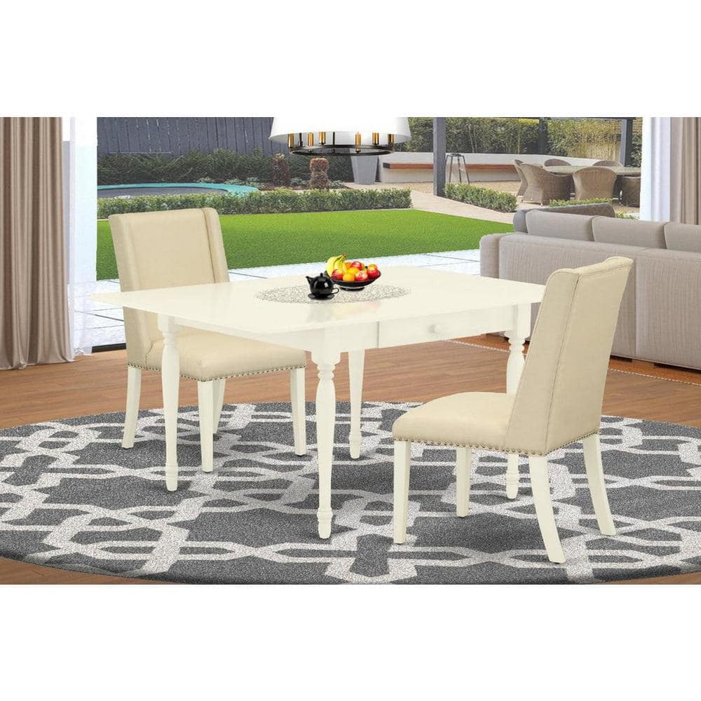 3-Piece Linen White Finish Rectangular Solid Wood Top with Dropleaf Dining Table Set