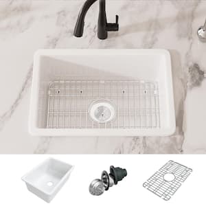 Oslo 27 in. Drop-In/Undermount Single Bowl in Crisp White Fireclay Kitchen Sink with Bottom Grid and Basket Strainer