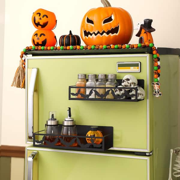 2 Pack Black Bat Magnetic Spice Rack for Refrigerator, Metal Magnet Basket Shelf for Fridge Storage Halloween Decor