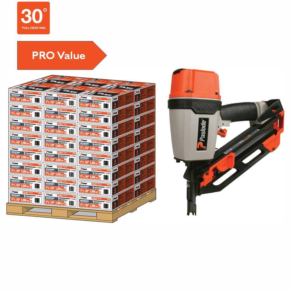 Paslode 3 in. x 120 in. 30-Degree Brite Smooth Paper-Taped Framing Nails  with Compact Framing Nailer 650836C