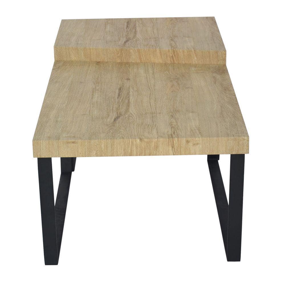 Oak Brown Rectangular Coffee Table with Black Metal Frame and Storage