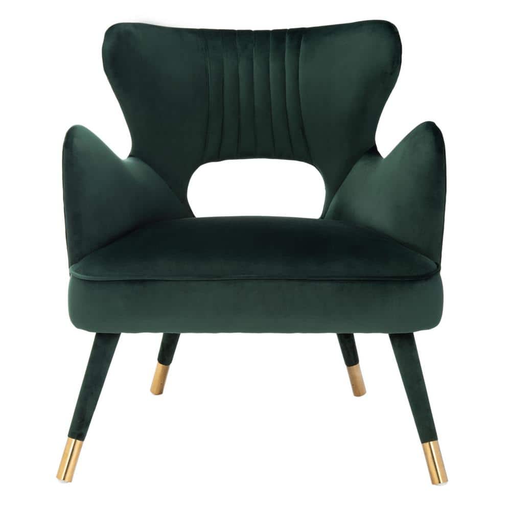 Transitional Forest Green Velvet Wingback Accent Chair with Gold Accents