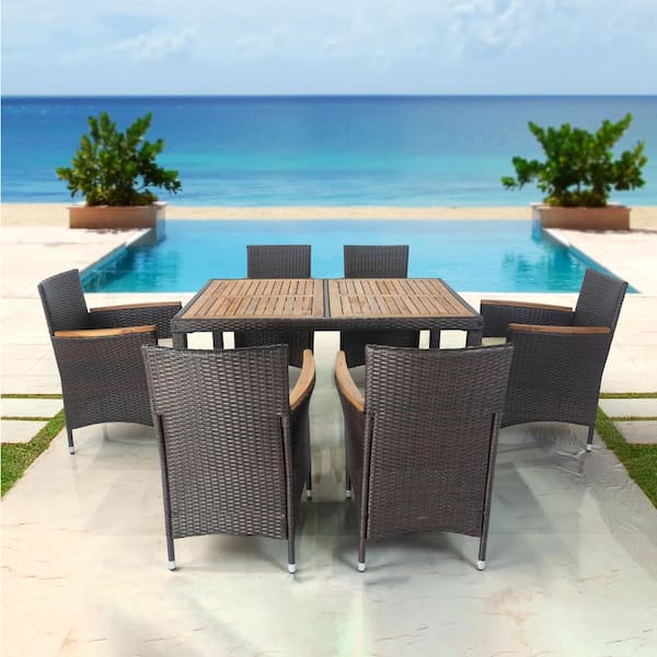 myhomore 7Piece Brown Wicker Outdoor Dining Set with Beige Washed