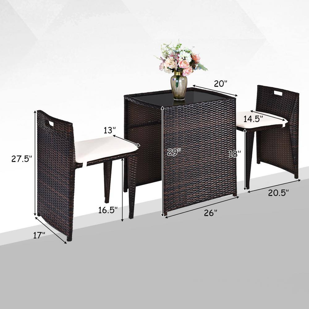 Compact Brown Wicker Outdoor Patio Set with Cushions and Glass Table
