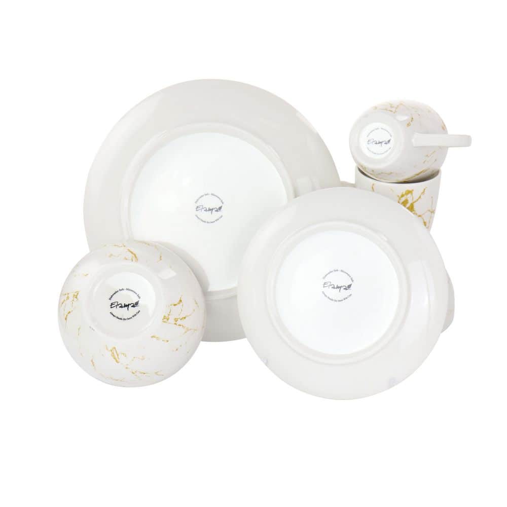 White and Gold Marble Ceramic Dinnerware Set, Service for 4
