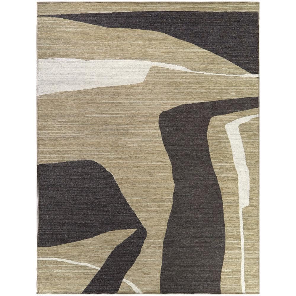Large Beige and Brown Abstract Chenille Area Rug