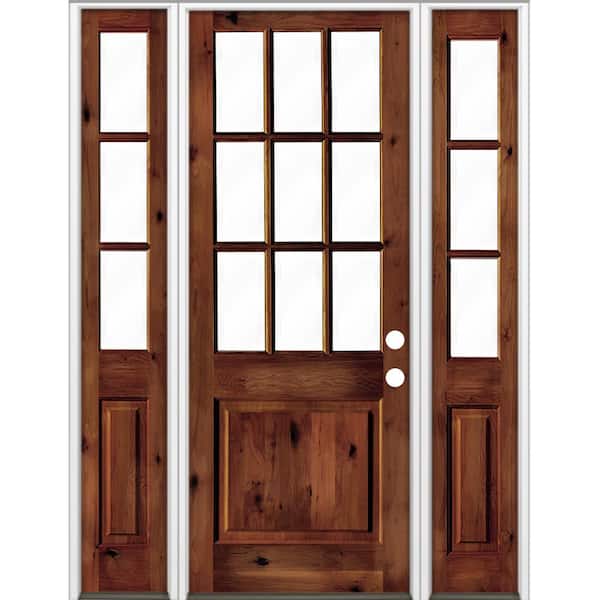 70 in. x 96 in. Rustic Knotty Alder Clear 9-Lite Red Chestnut Stain Wood Left Hand Single Prehung Front Door/Sidelites