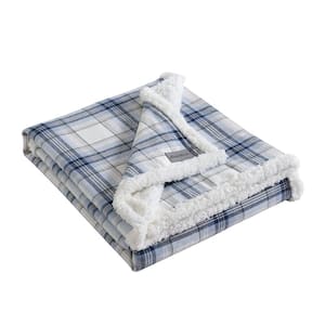 Edgewood Plaid Sherpa Blue Cotton Throw Blanket