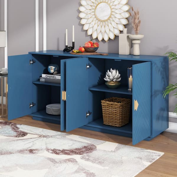 JUJABU Navy Blue MDF 60 in. Large Storage Space Sideboard with Wooden Triangular Handles and Adjustable Shelves for Living Room