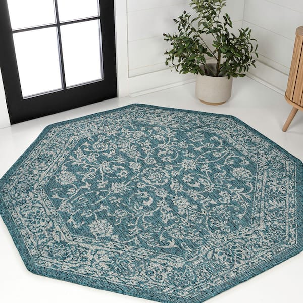 Tela Bohemian Textured Weave Floral Teal/Gray 5 ft. Octagon Indoor/Outdoor Area Rug