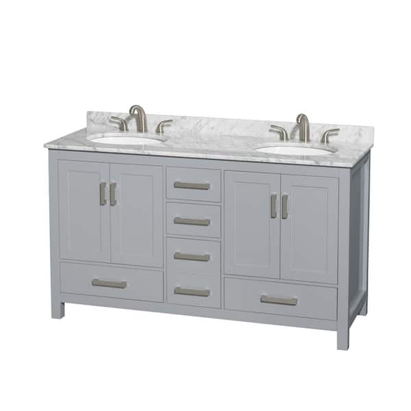 Wyndham Collection Sheffield 60 in. W x 22 in. D x 35 in. H Double Bath Vanity in Gray with White Carrara Marble Top