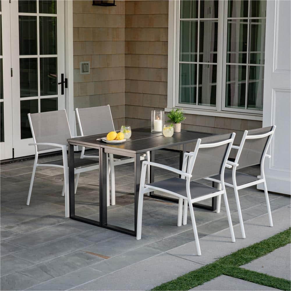 Conrad White 5-Piece Aluminum Outdoor Dining Set with 4 Stackable Sling Chairs and Convertible Slatted Table -  Hanover, CONDN5PC-WHT